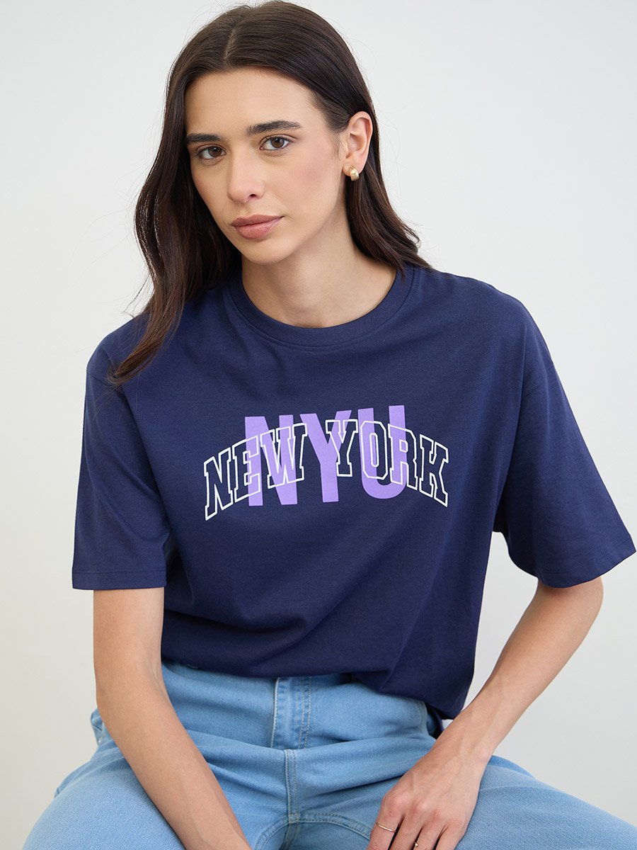 Navy Blue Slogan Print Cotton T-Shirt