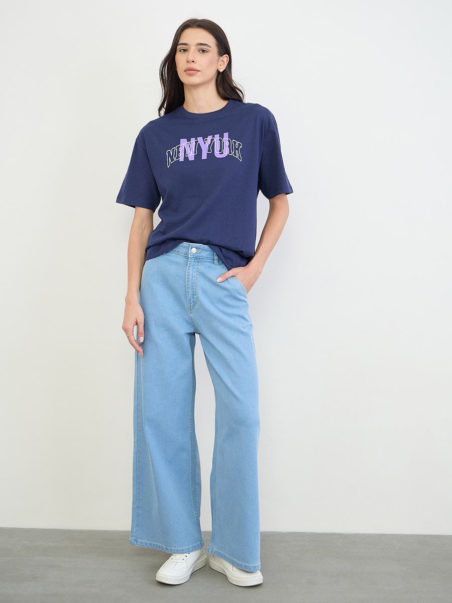 Navy Blue Slogan Print Cotton T-Shirt