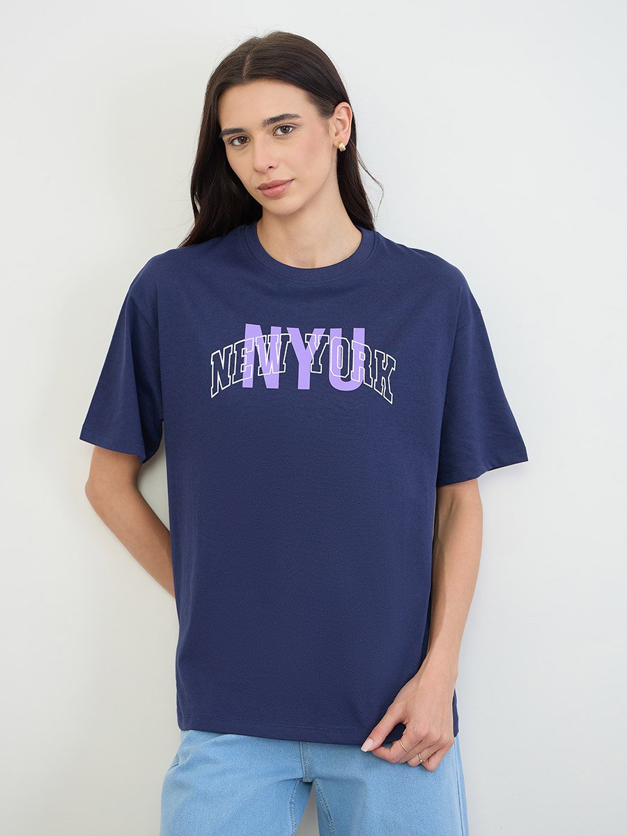 Navy Blue Slogan Print Cotton T-Shirt