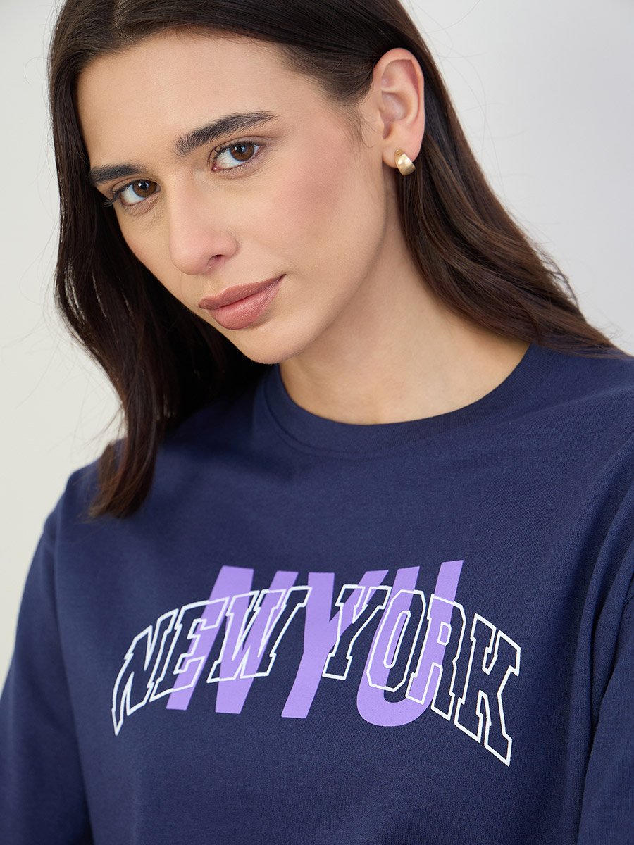 Navy Blue Slogan Print Cotton T-Shirt