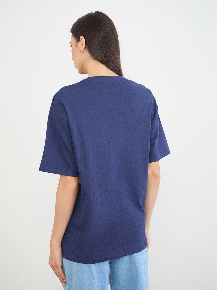 Navy Blue Slogan Print Cotton T-Shirt