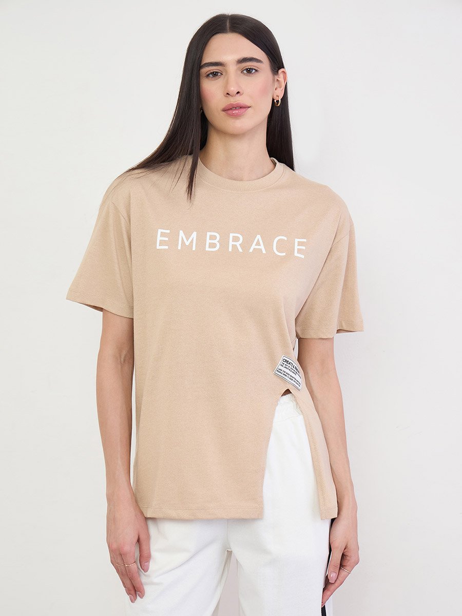 Beige 100% Cotton Oversized T-Shirt with Slit and Badge Detail
