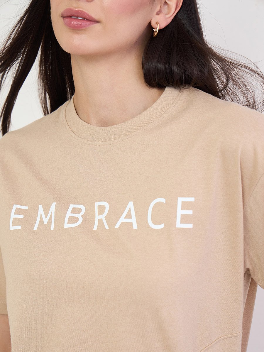Beige 100% Cotton Oversized T-Shirt with Slit and Badge Detail