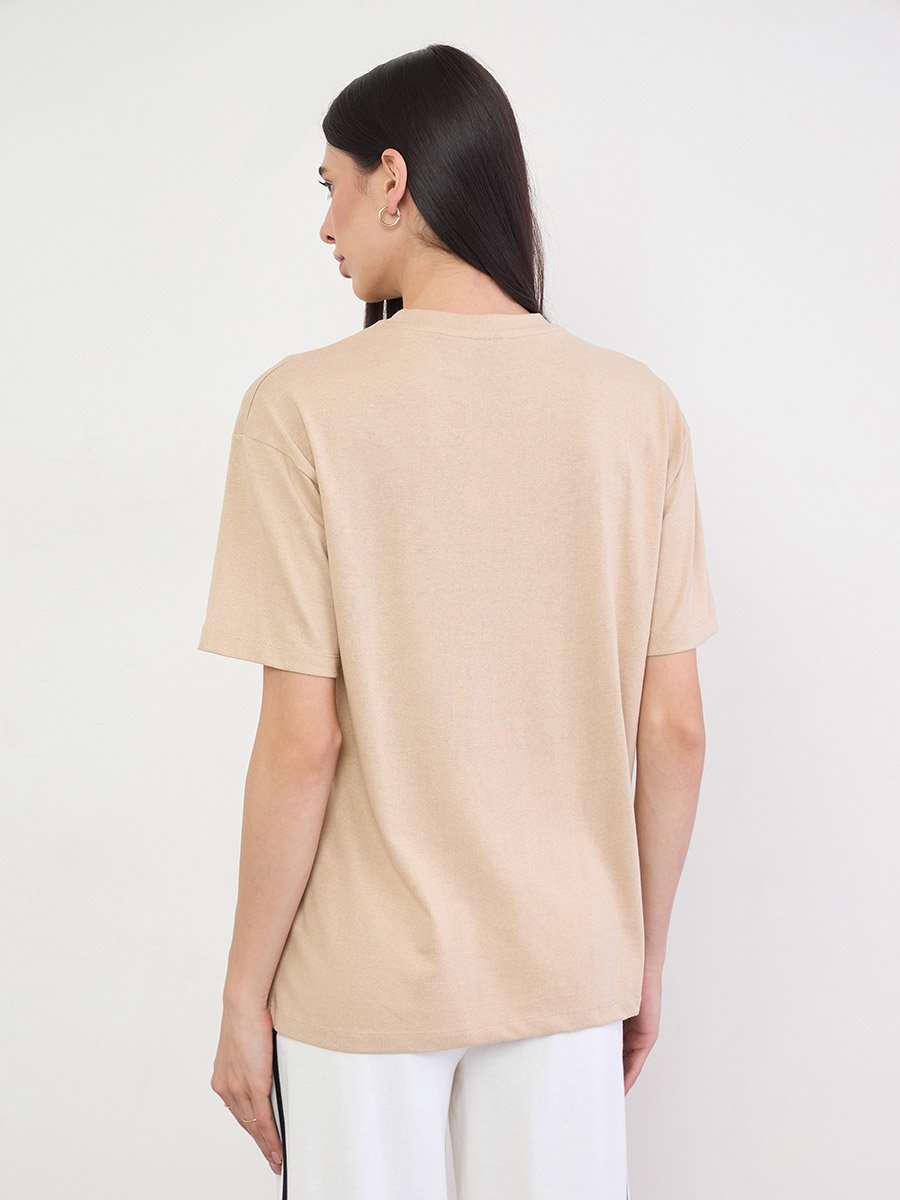 Beige 100% Cotton Oversized T-Shirt with Slit and Badge Detail