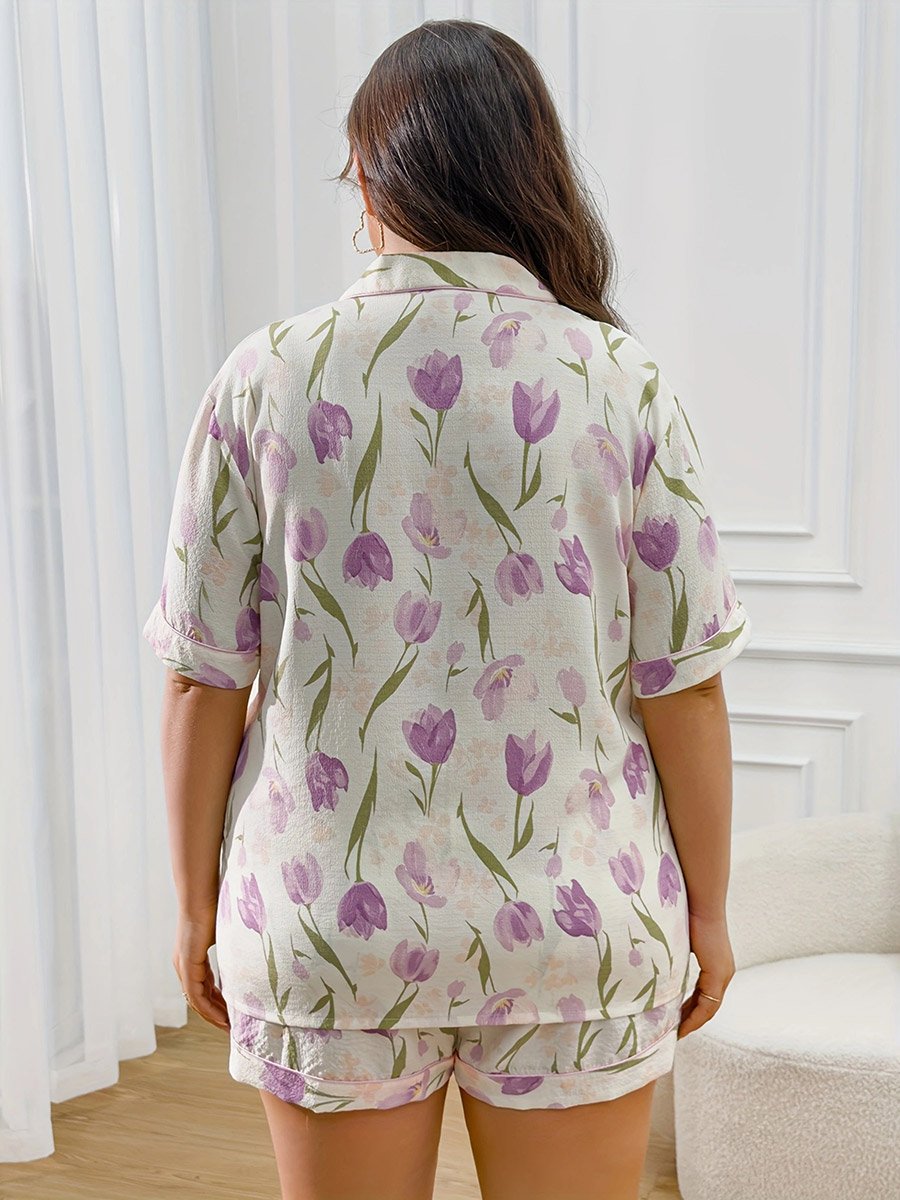 Plus Size Floral Print Shirt and Shorts Set
