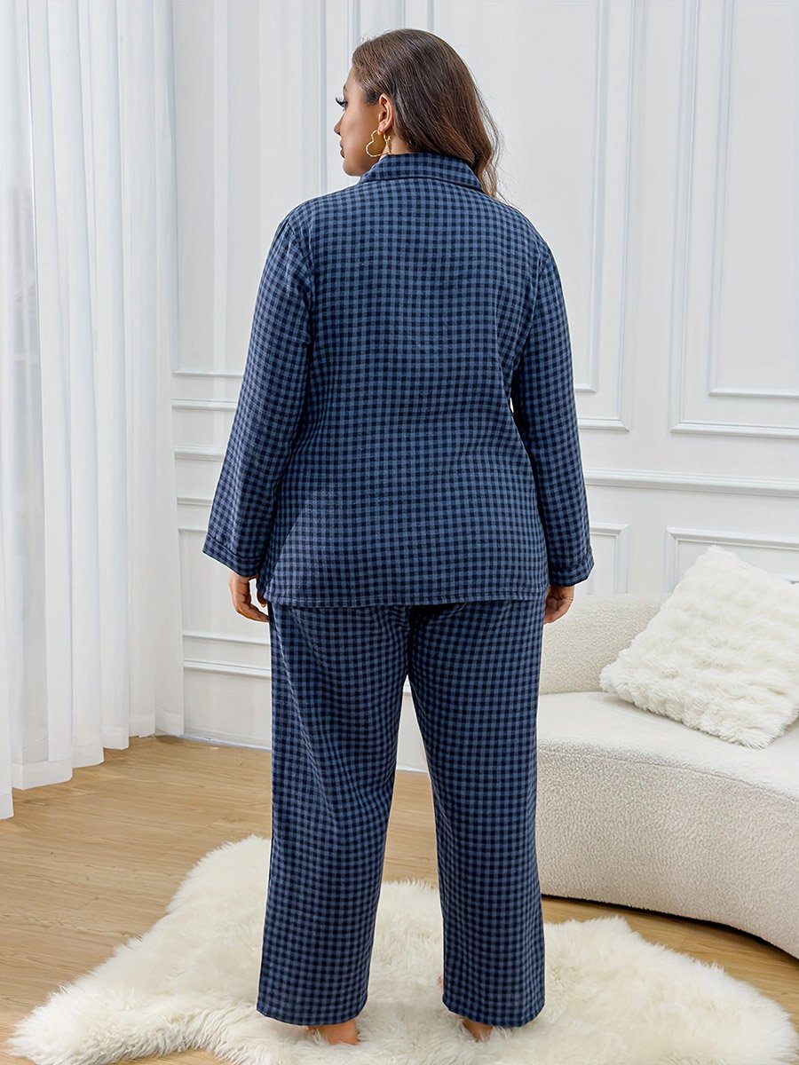 Plus Size Checked Long Sleeve Shirt and Pyjama Set