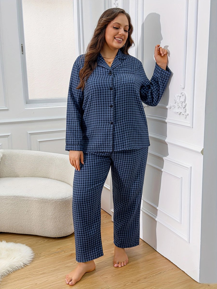 Plus Size Checked Long Sleeve Shirt and Pyjama Set