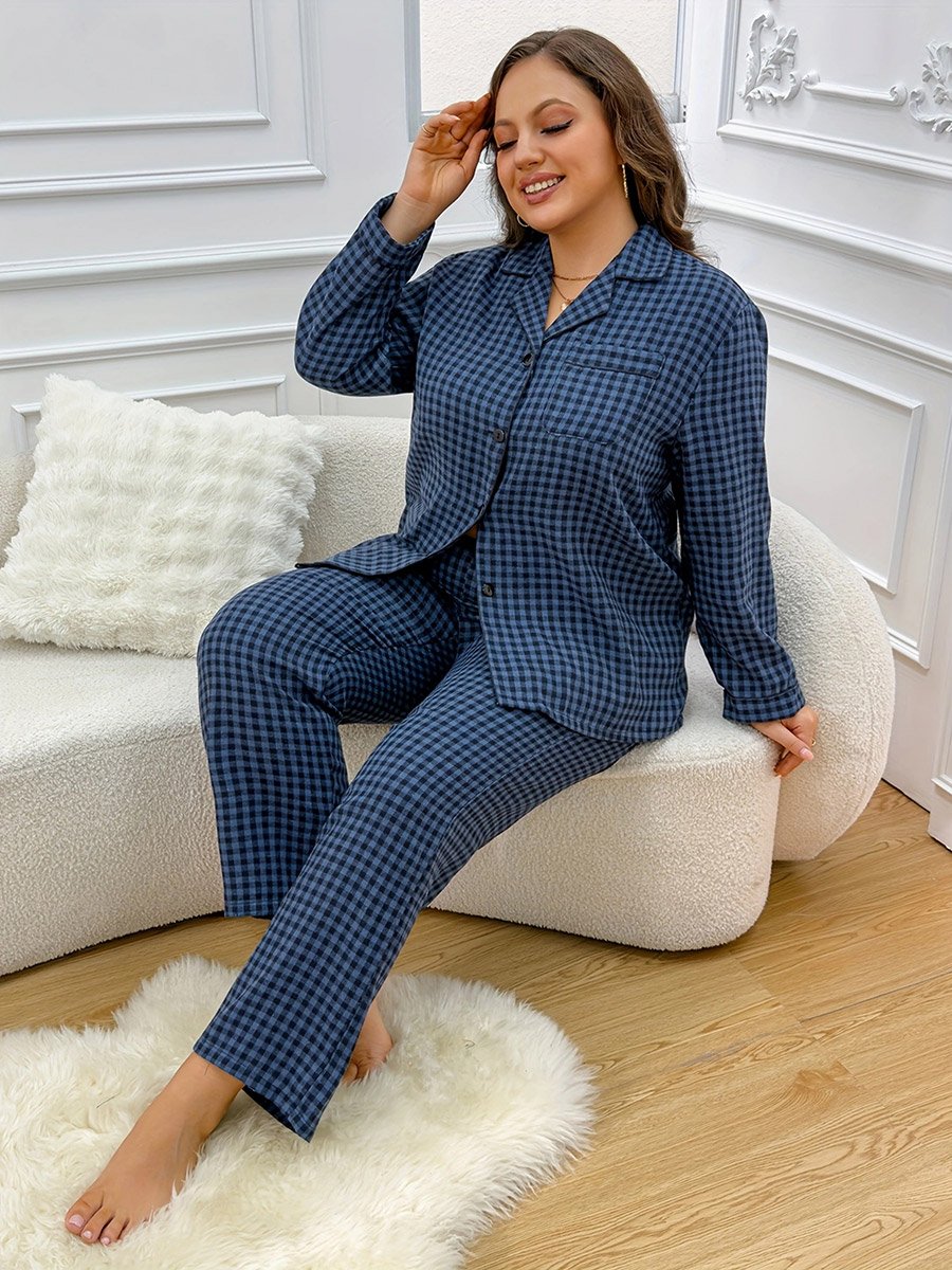 Plus Size Checked Long Sleeve Shirt and Pyjama Set