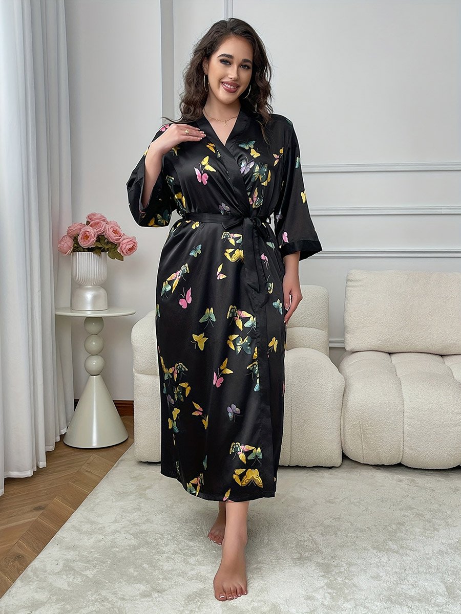 Plus Size Butterfly Print Robe