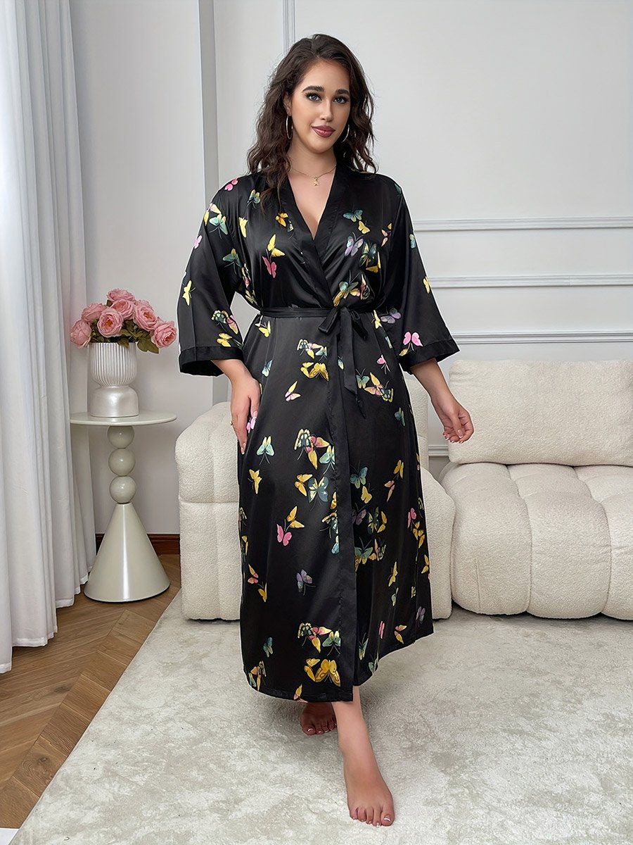 Plus Size Butterfly Print Robe