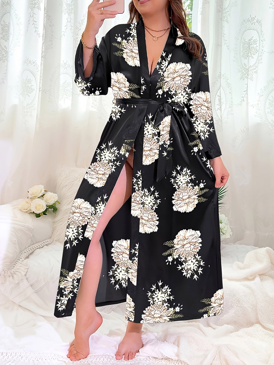 Plus Size Floral Print Robe with Tie-Belt