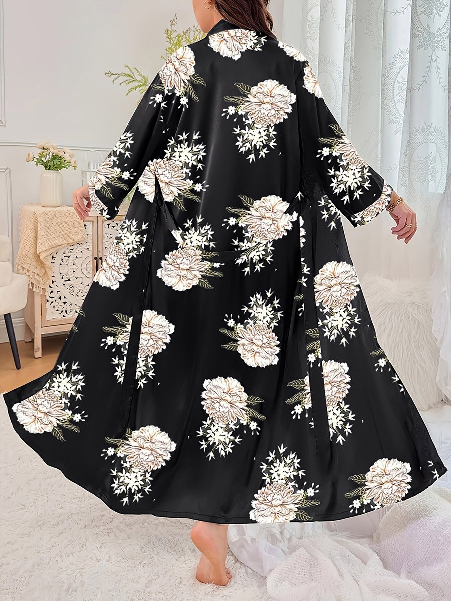 Plus Size Floral Print Robe with Tie-Belt