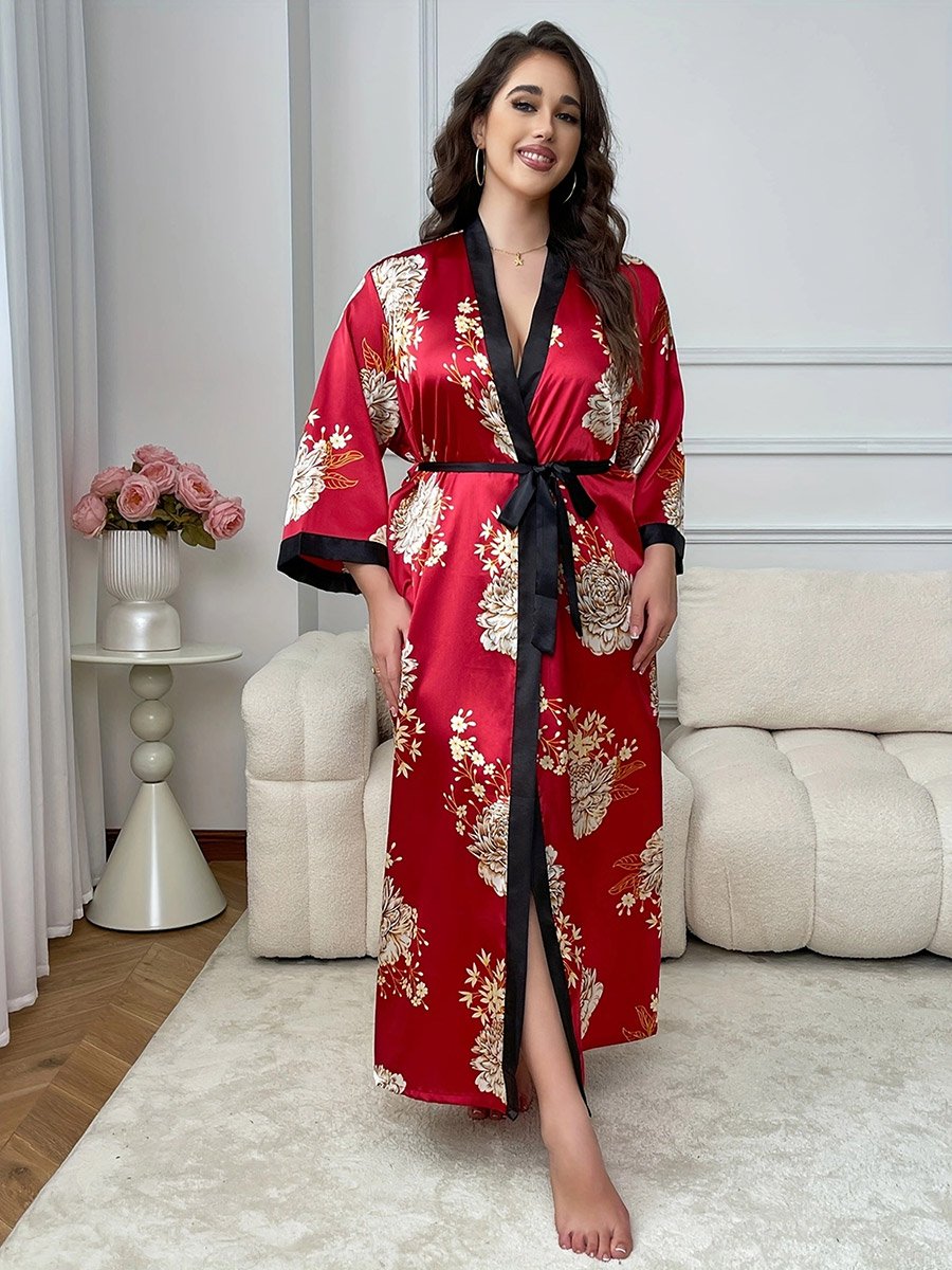 Plus Size Floral Print Robe with Tie-Belt