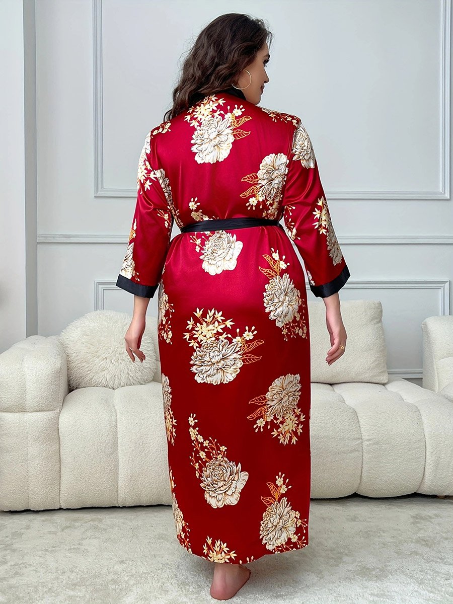 Plus Size Floral Print Robe with Tie-Belt