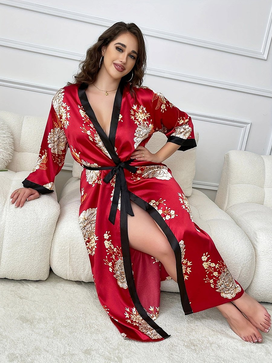 Plus Size Floral Print Robe with Tie-Belt