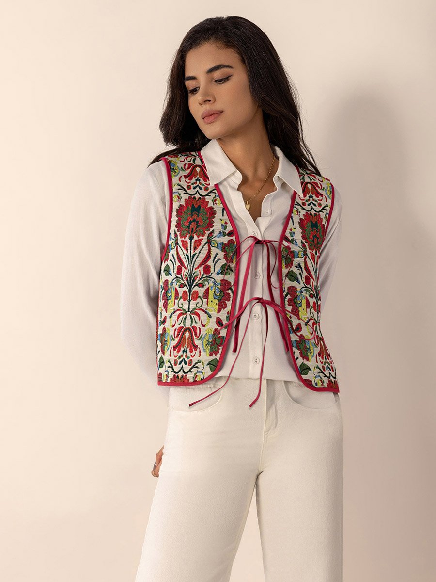 Women Floral Print Tie Front Waistcoat
