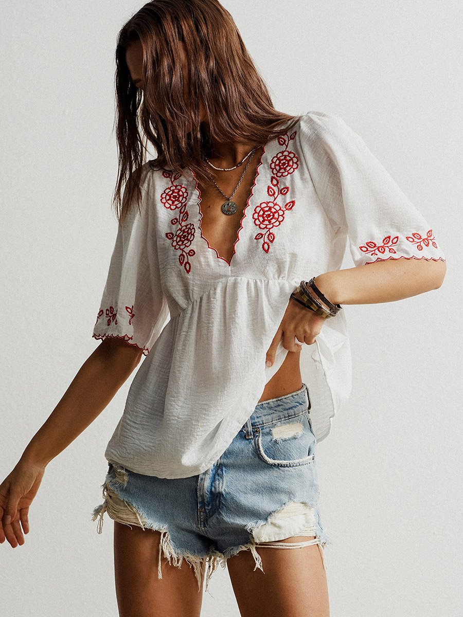 Women Floral Embroidery V Neck Top
