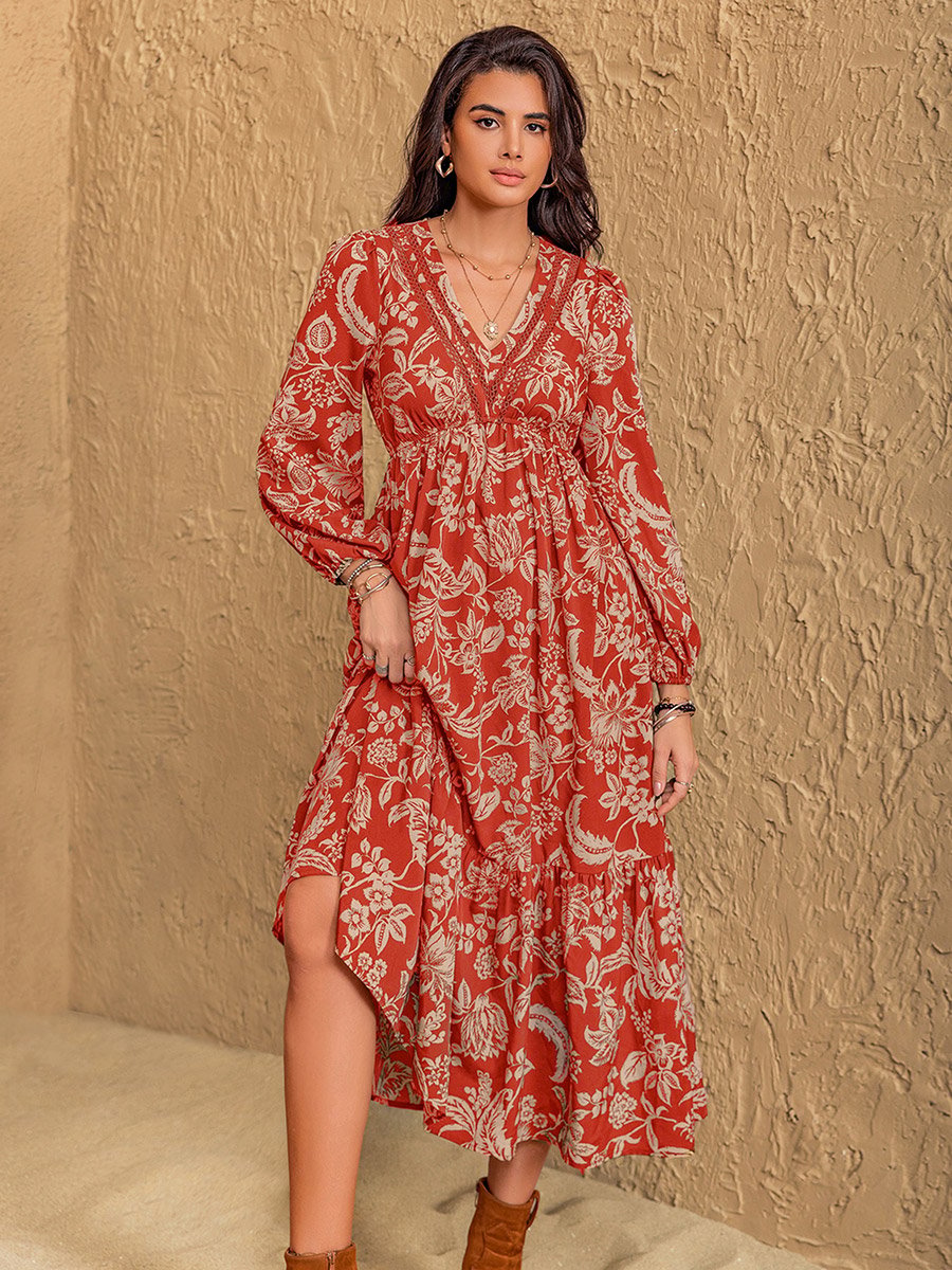 Women Rust Floral Print Tiered Midi Dress For Women at Kuwait | Styli Women Rust Floral Print Tiered Midi Dress For Women at Kuwait | Styli