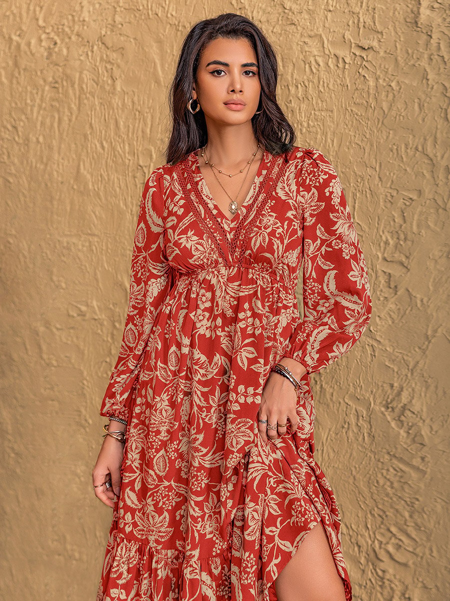 Women Rust Floral Print Tiered Midi Dress