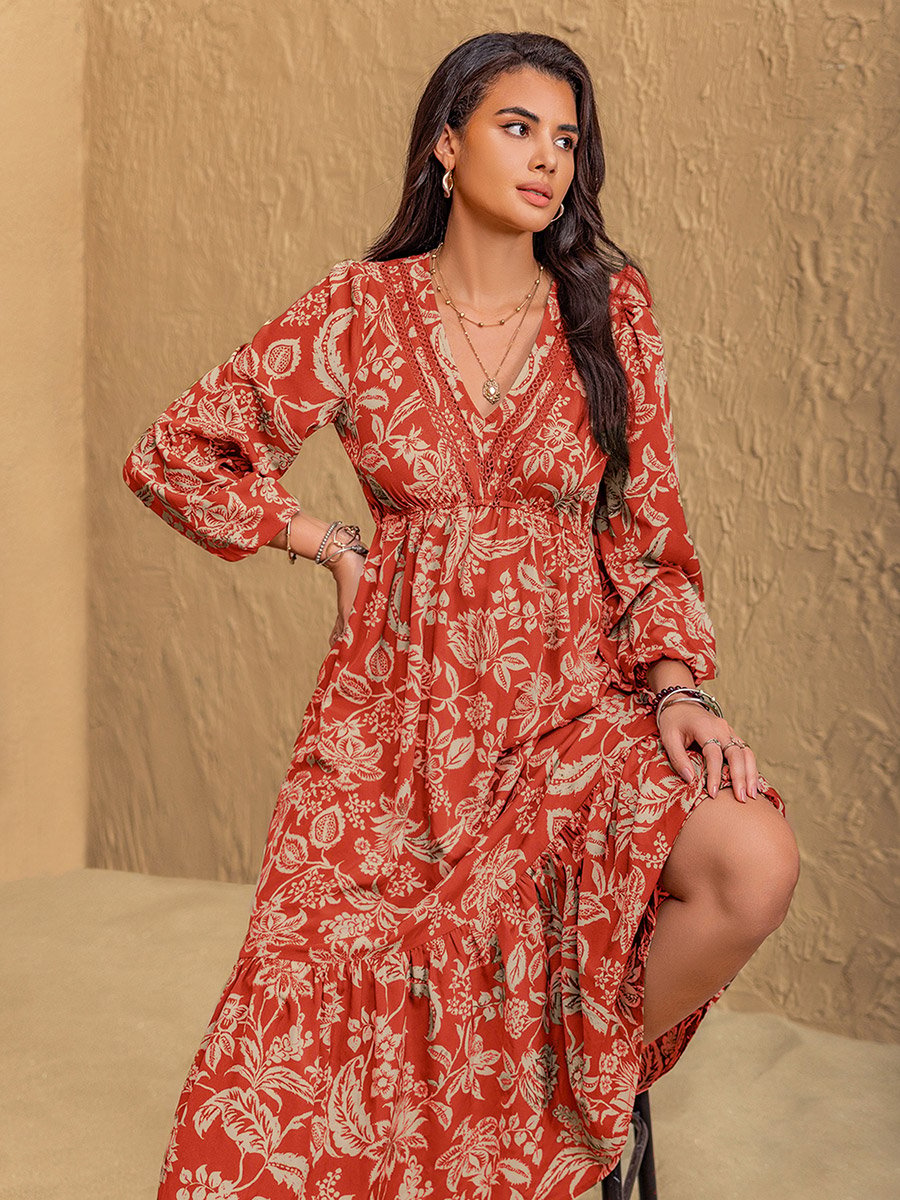 Women Rust Floral Print Tiered Midi Dress