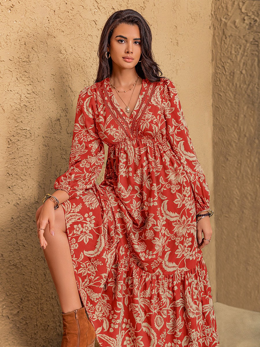Women Rust Floral Print Tiered Midi Dress