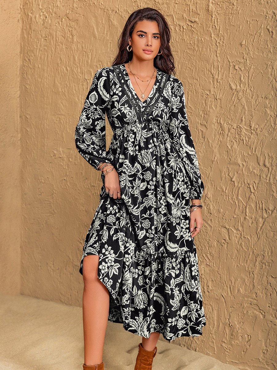 Women Black Floral Print Tiered Midi Dress