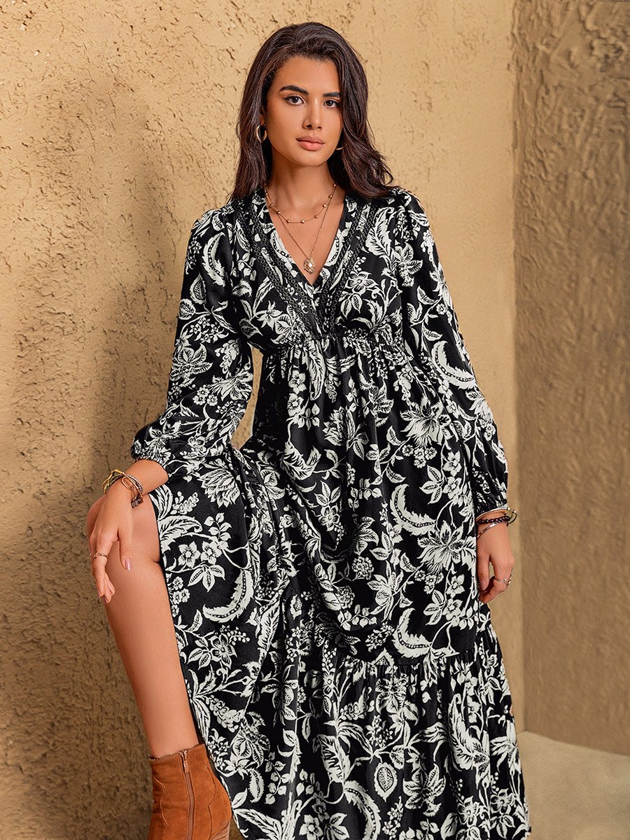 Women Black Floral Print Tiered Midi Dress