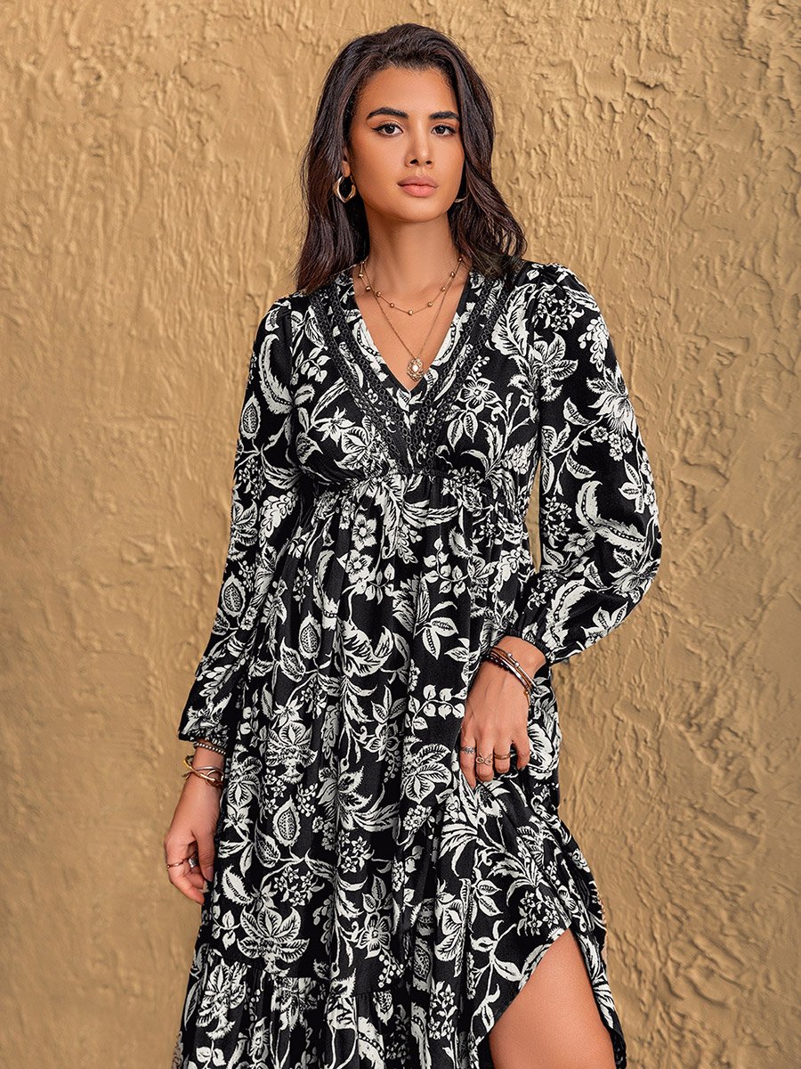 Women Black Floral Print Tiered Midi Dress