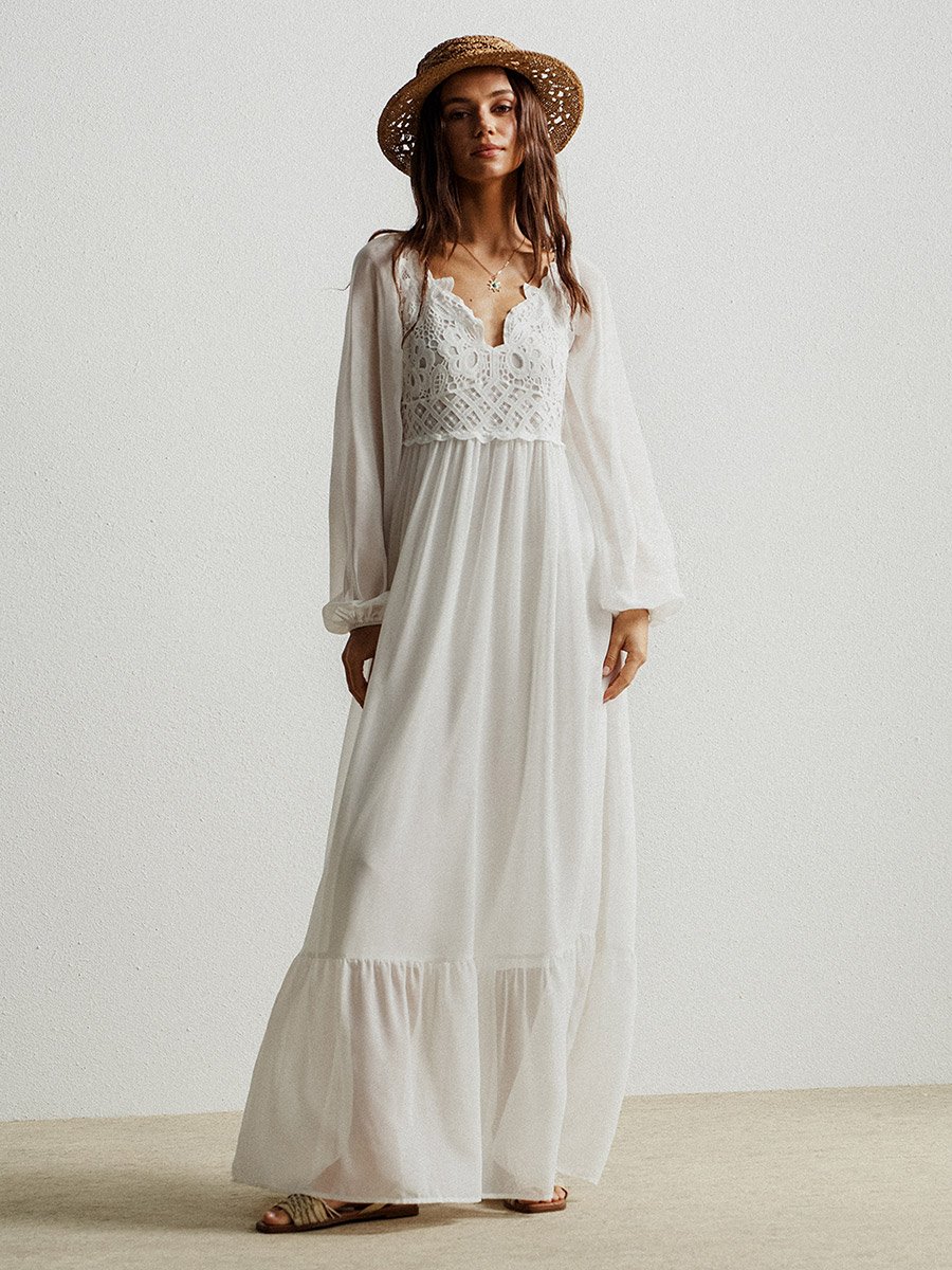 Women White Lace Detail Balloon Sleeve Maxi Dress