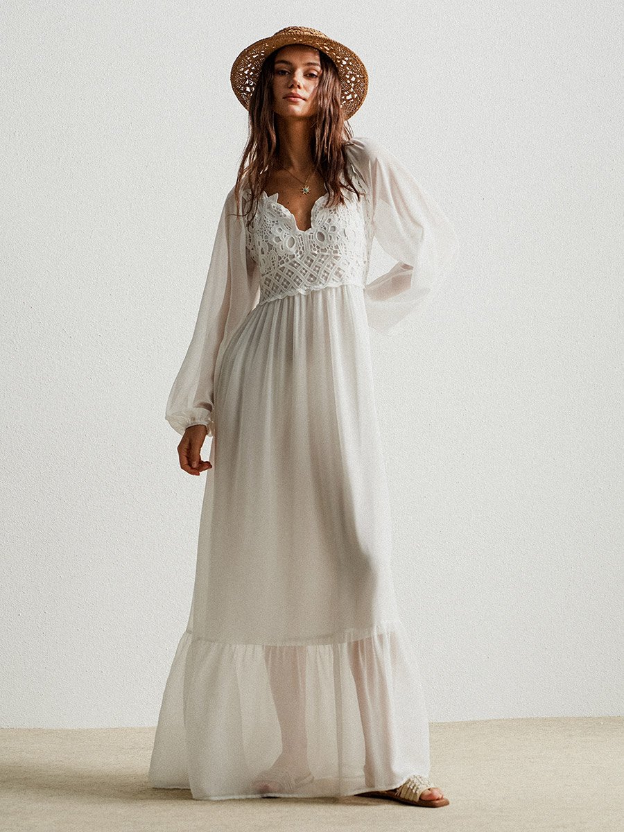Women White Lace Detail Balloon Sleeve Maxi Dress
