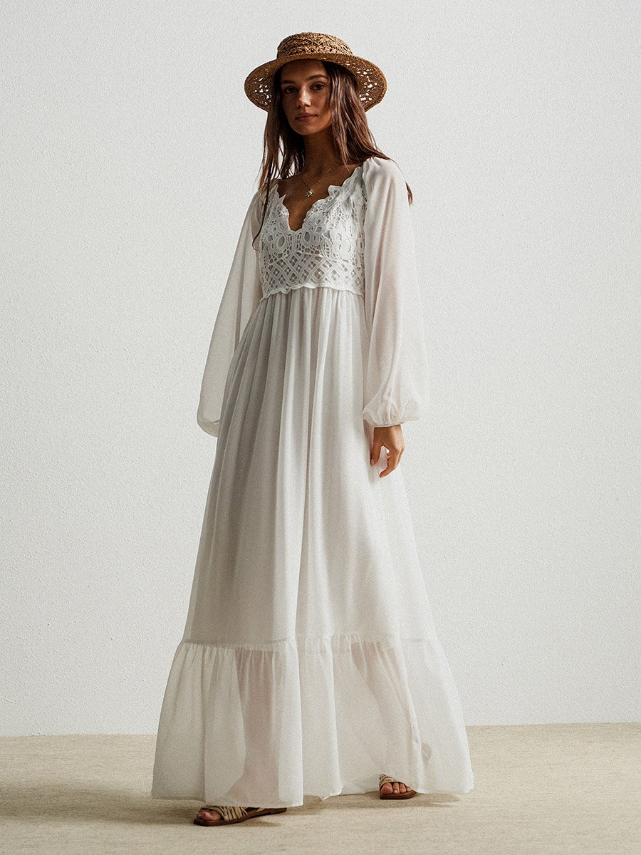 Women White Lace Detail Balloon Sleeve Maxi Dress