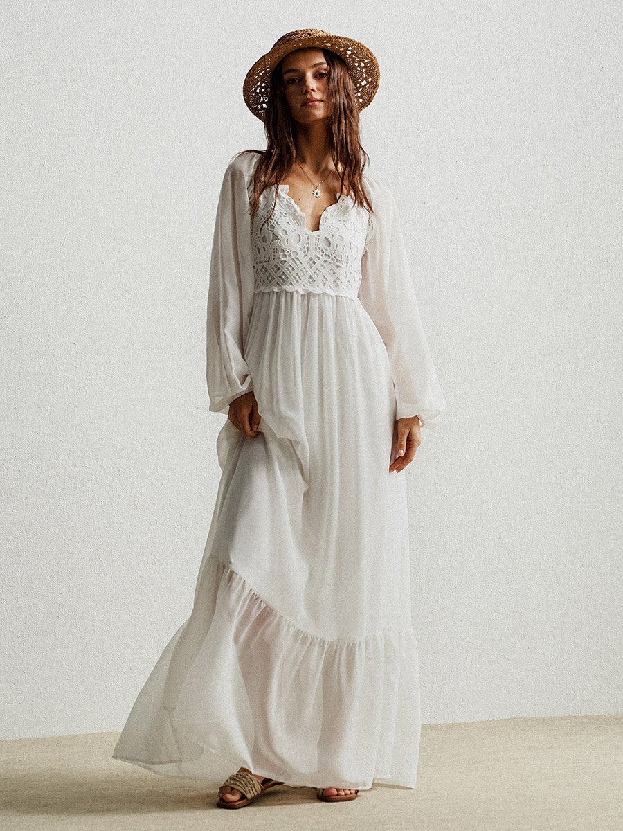 Women White Lace Detail Balloon Sleeve Maxi Dress