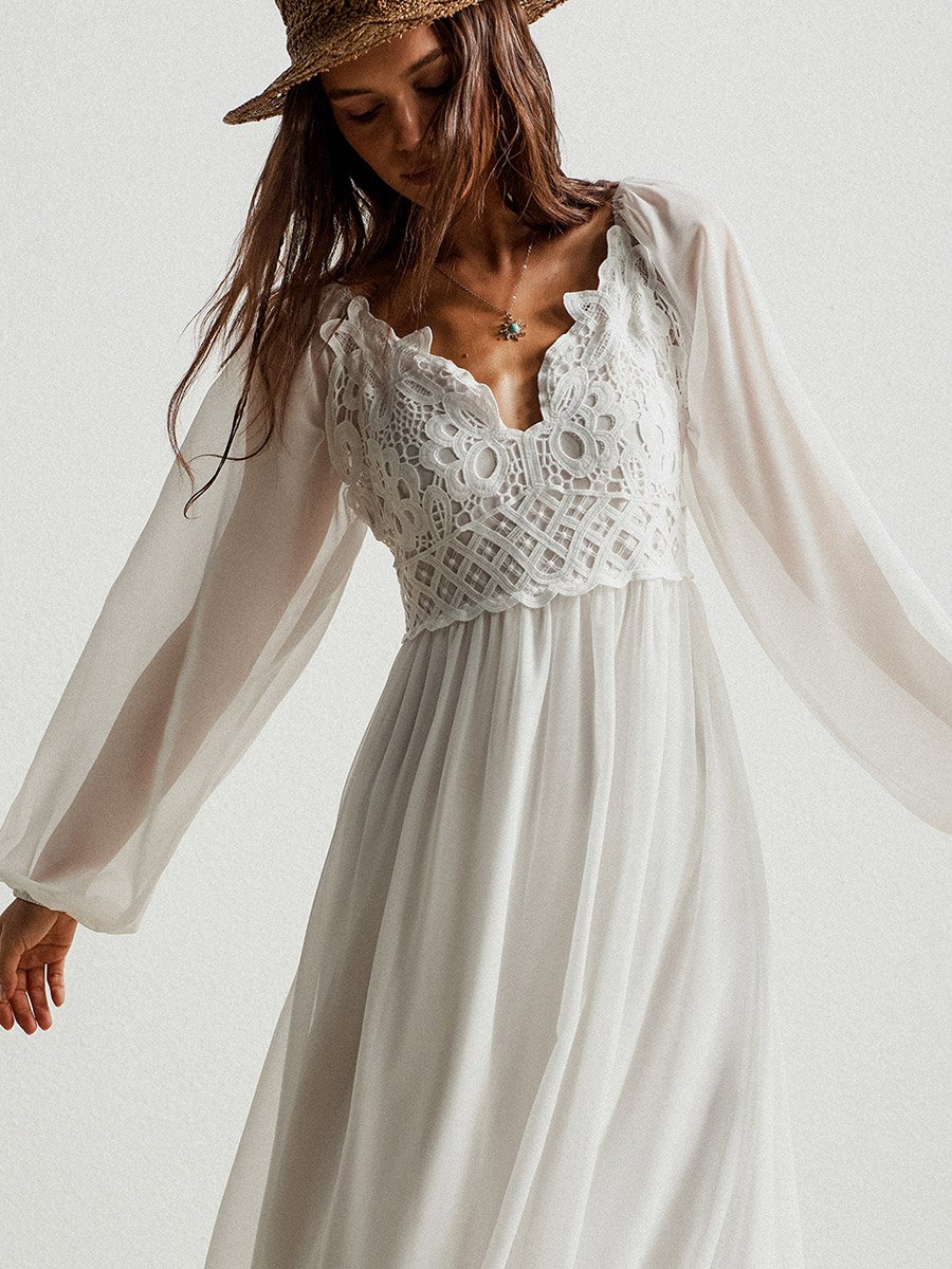 Women White Lace Detail Balloon Sleeve Maxi Dress