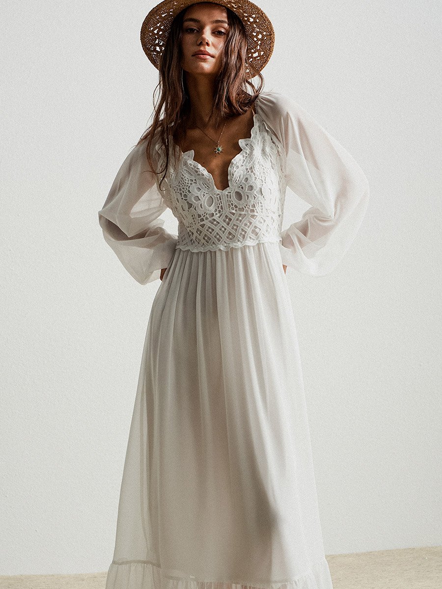 Women White Lace Detail Balloon Sleeve Maxi Dress