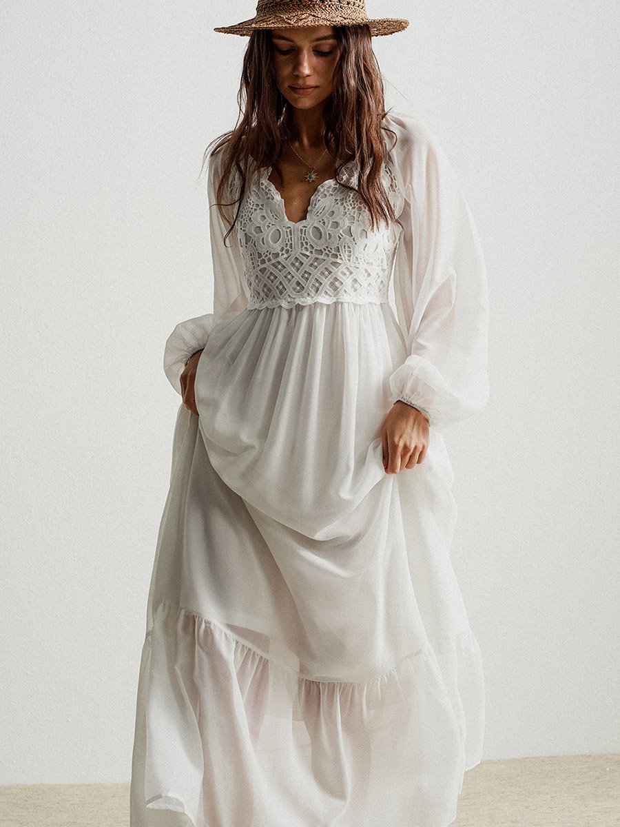 Women White Lace Detail Balloon Sleeve Maxi Dress