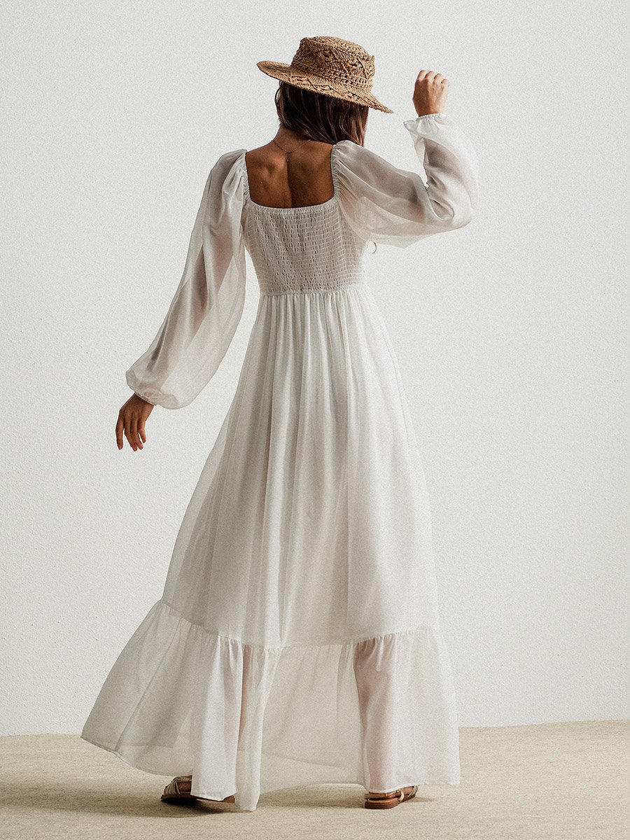Women White Lace Detail Balloon Sleeve Maxi Dress