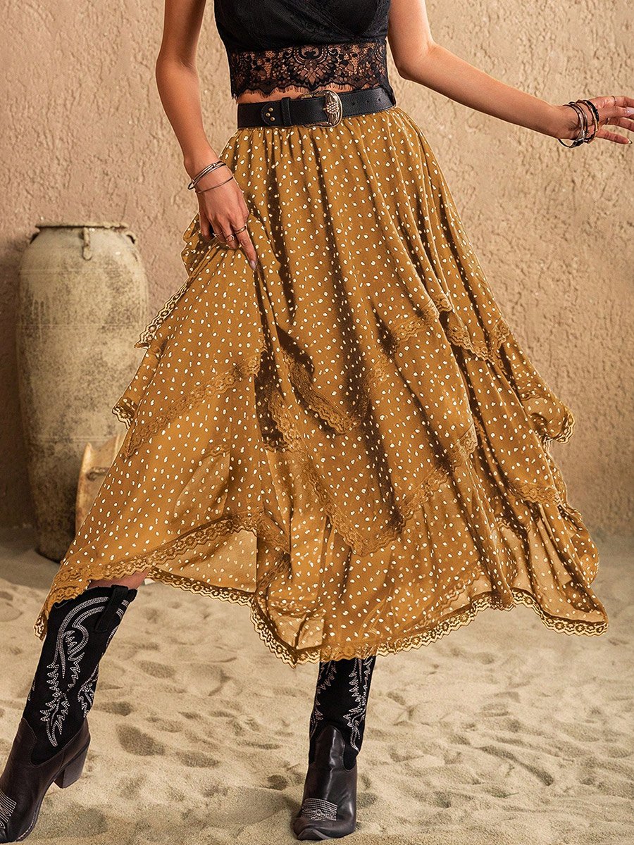 Women Lace Trim Asymmetric Hem Skirt