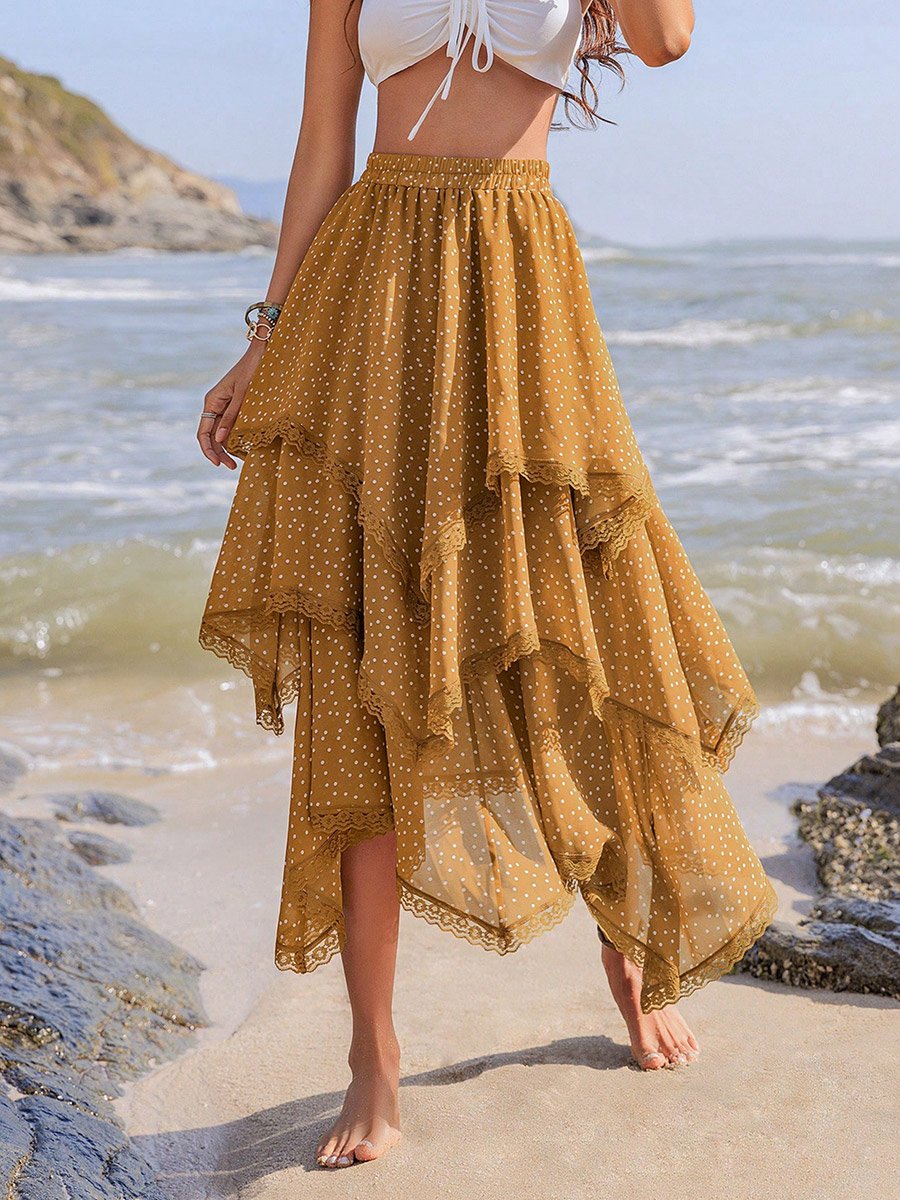 Women Lace Trim Asymmetric Hem Skirt