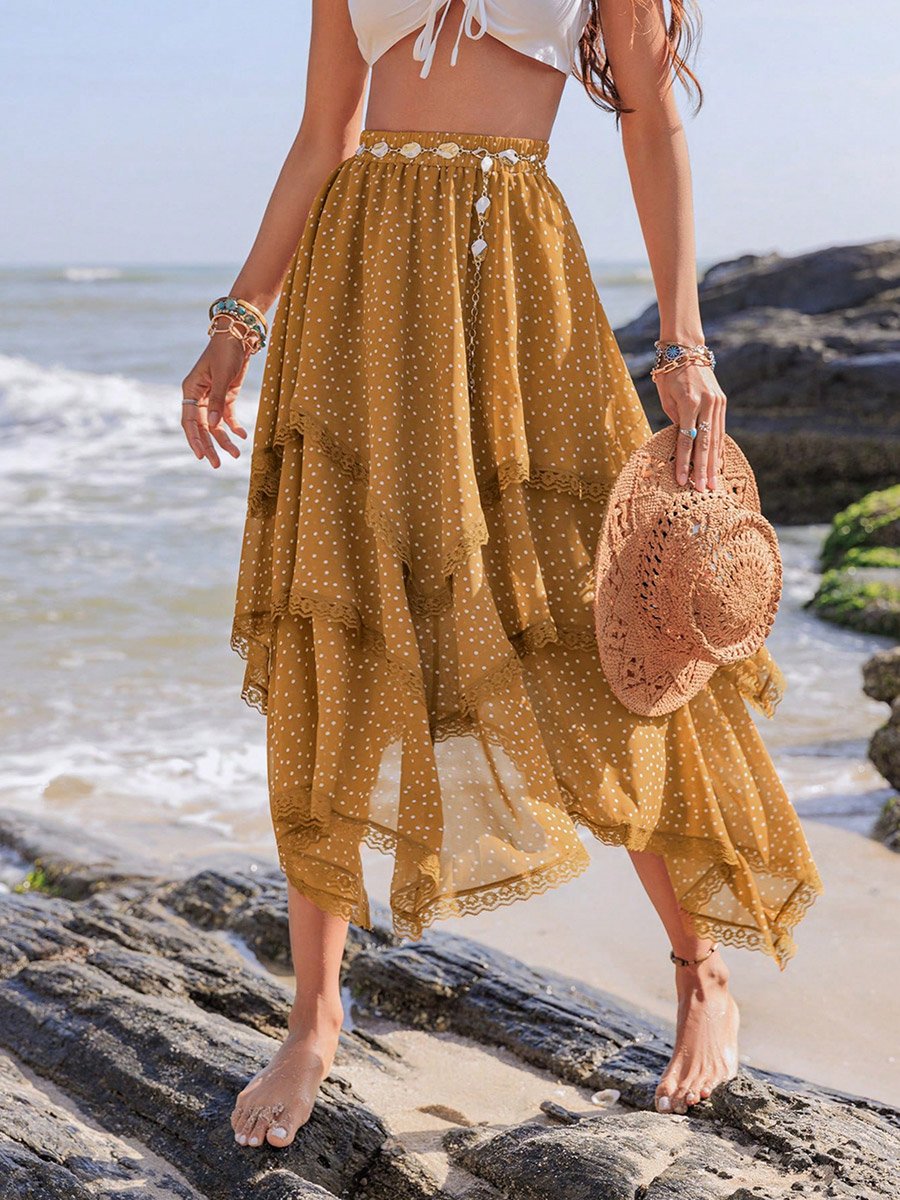 Women Lace Trim Asymmetric Hem Skirt