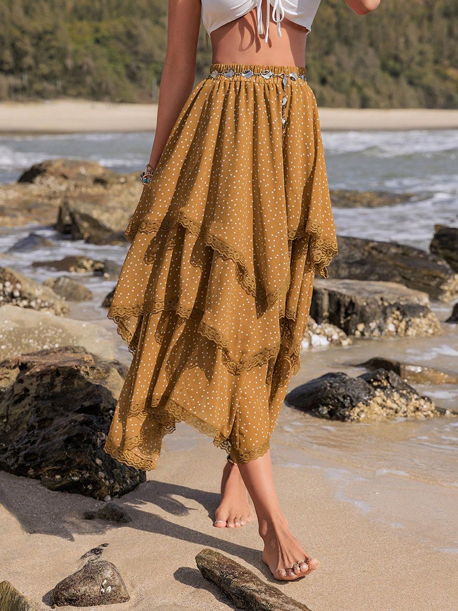 Women Lace Trim Asymmetric Hem Skirt
