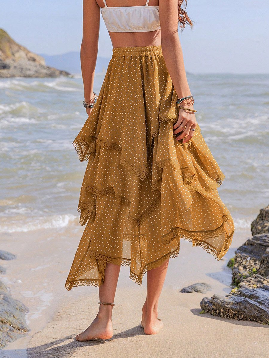 Women Lace Trim Asymmetric Hem Skirt