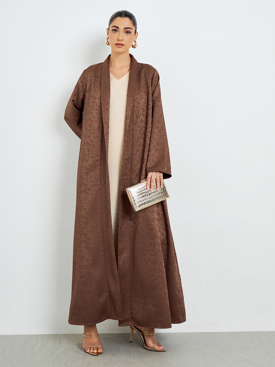 Brown Jacquard Front Open Abaya