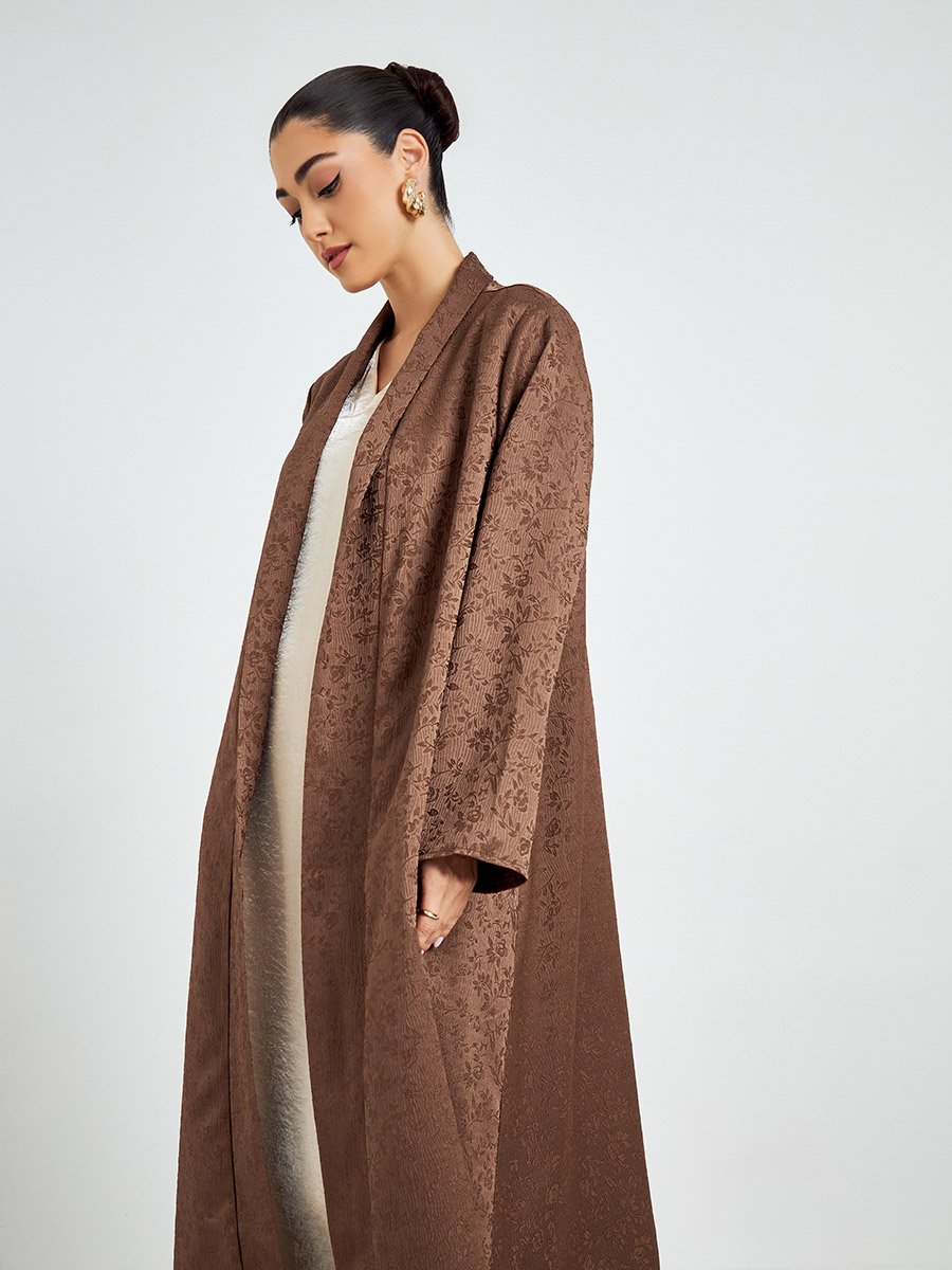 Brown Jacquard Front Open Abaya
