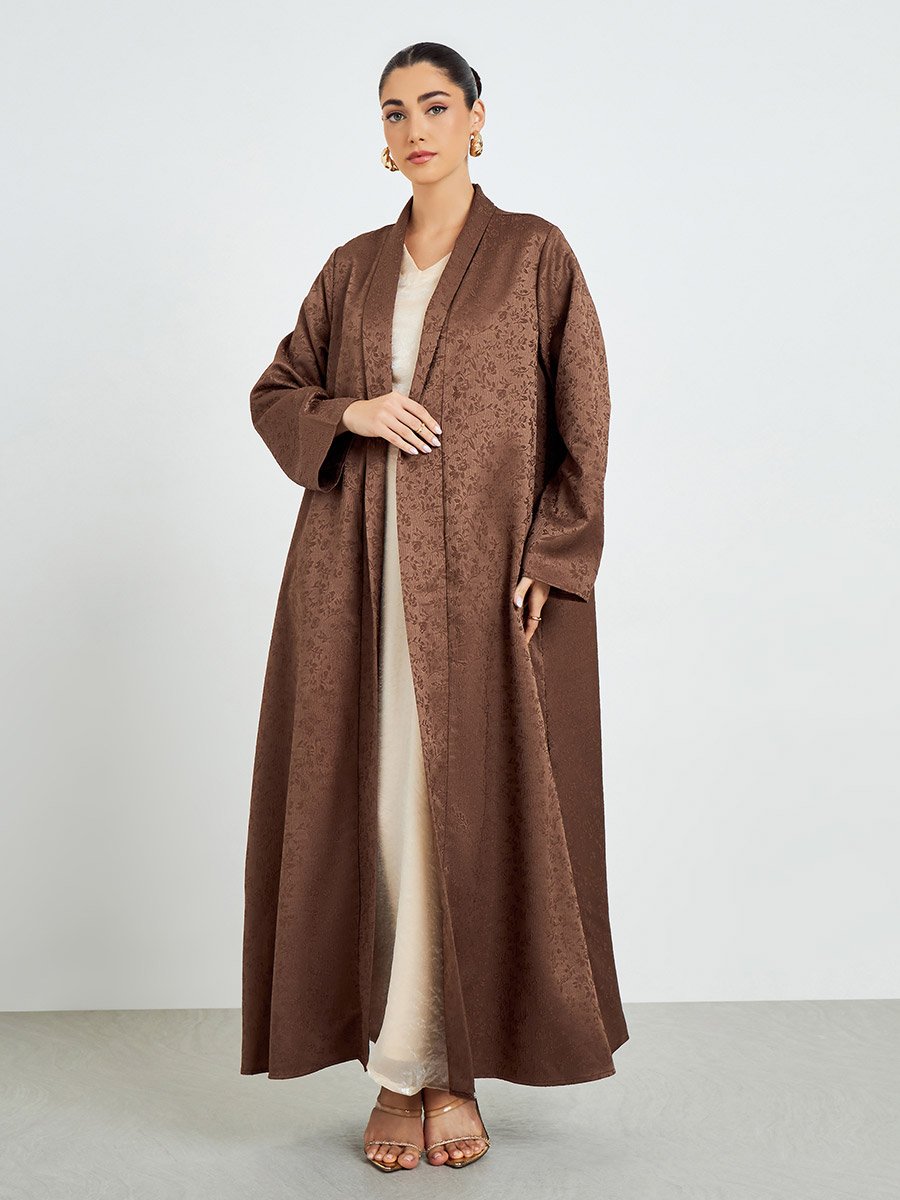 Brown Jacquard Front Open Abaya