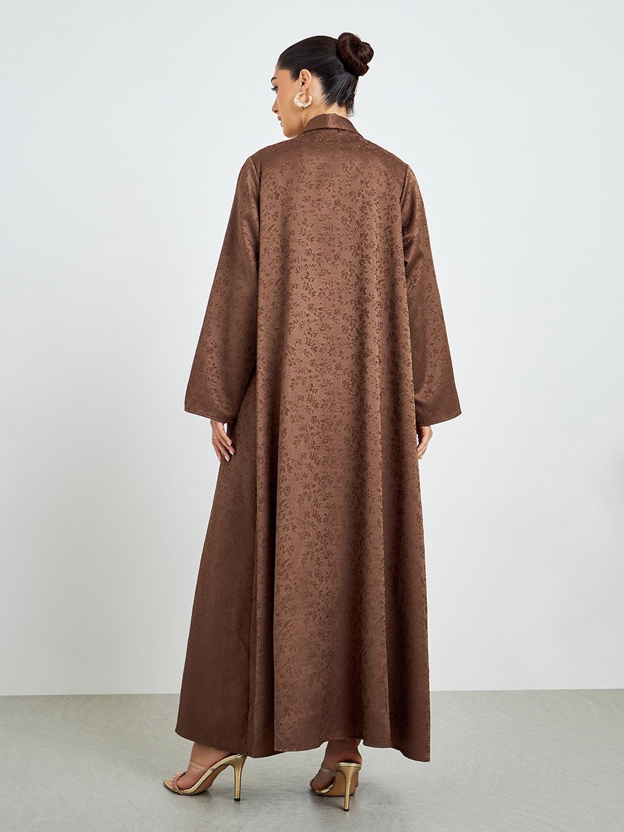 Brown Jacquard Front Open Abaya