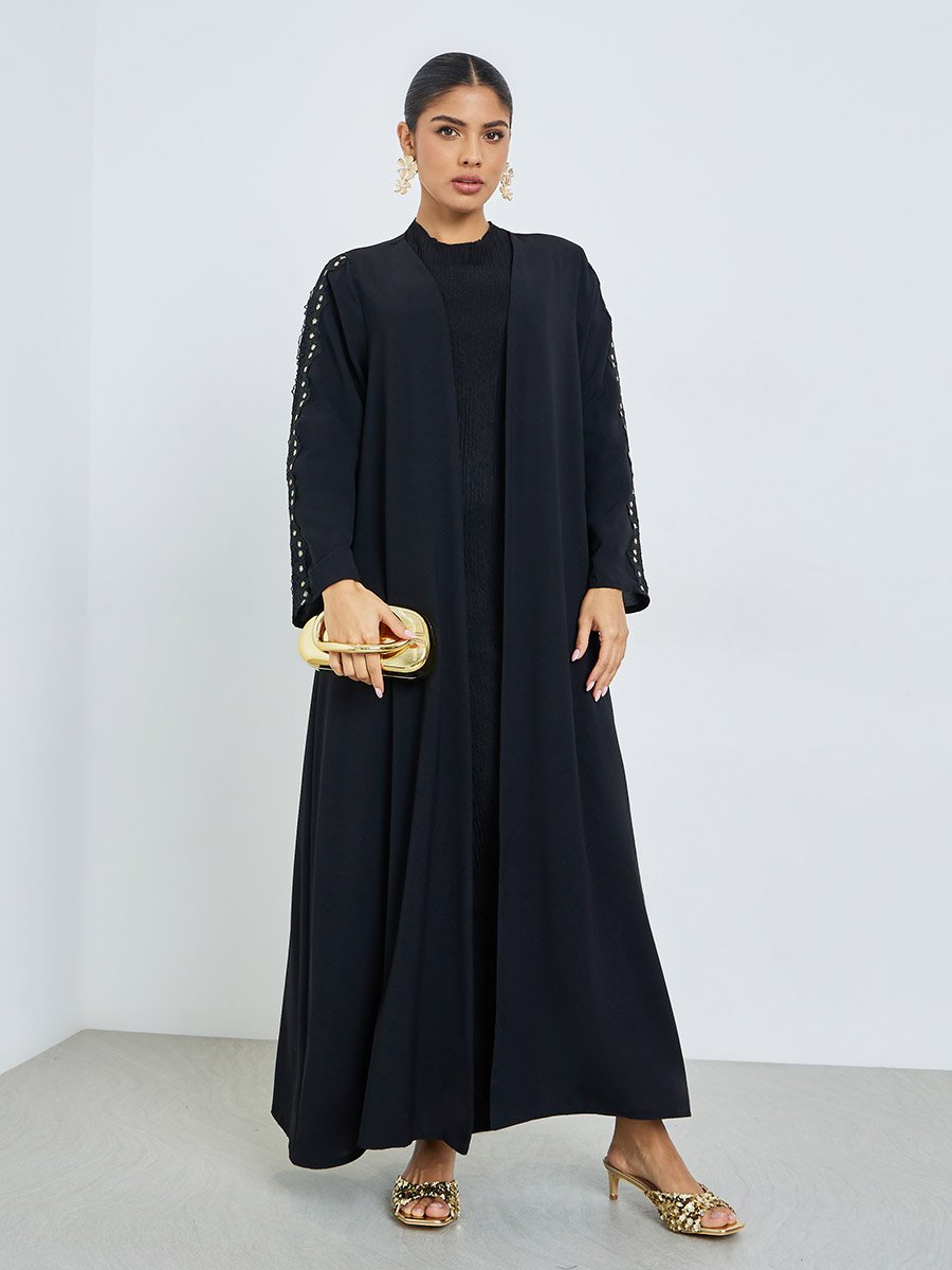 Black Front Open Abaya with Lace Detail