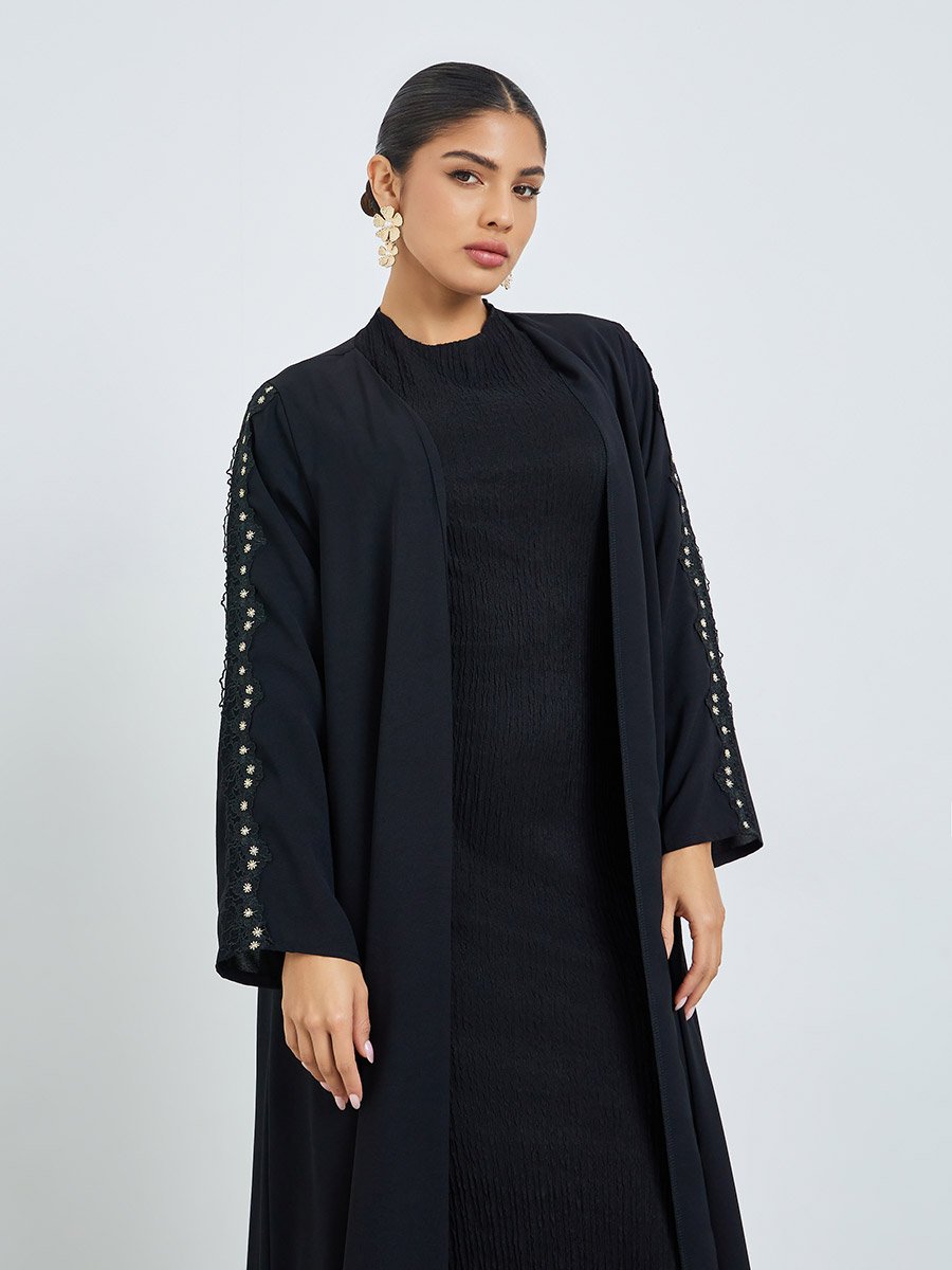 Black Front Open Abaya with Lace Detail