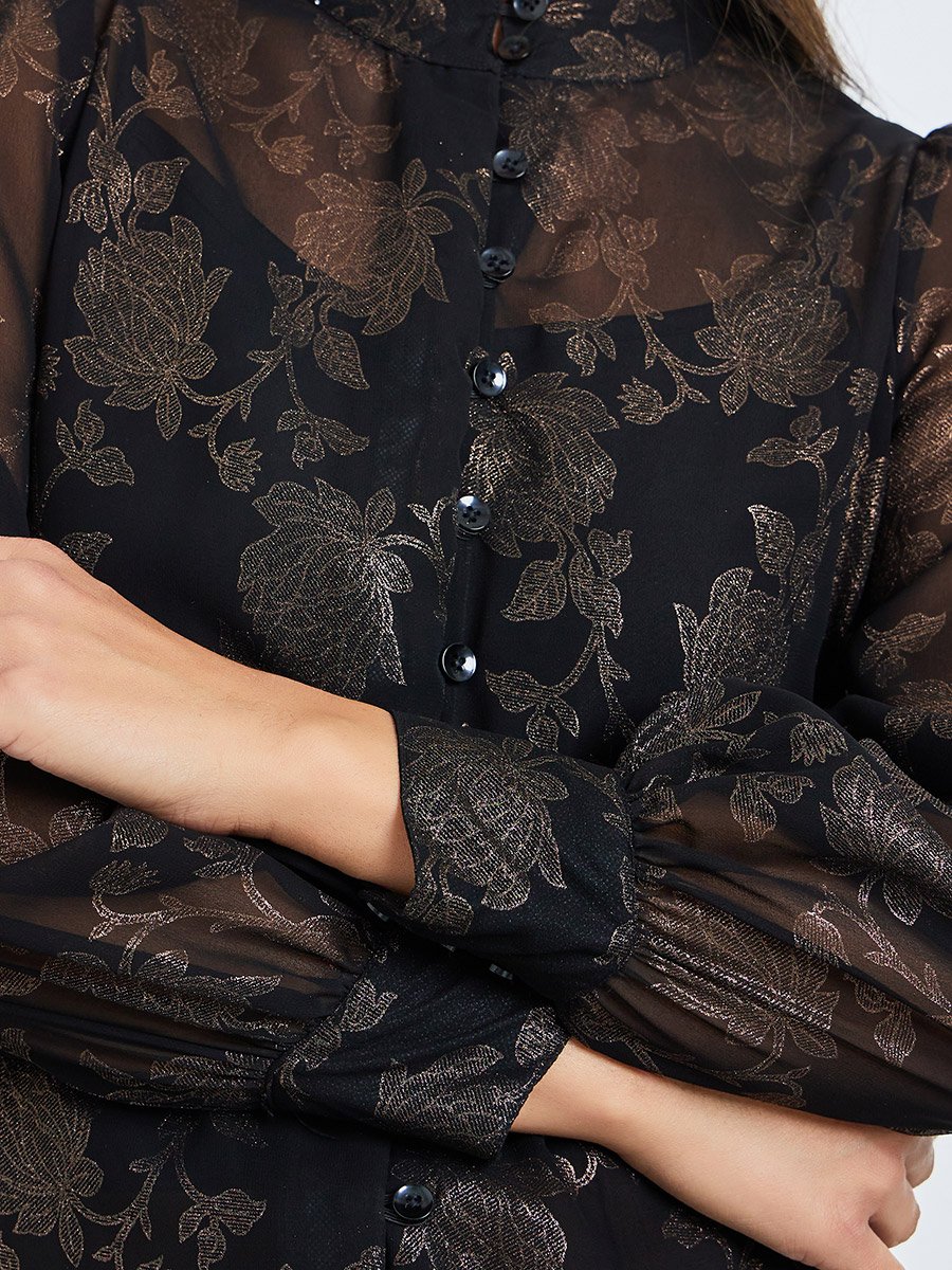 Black Floral Print Sheer Blouse with Inner Cami