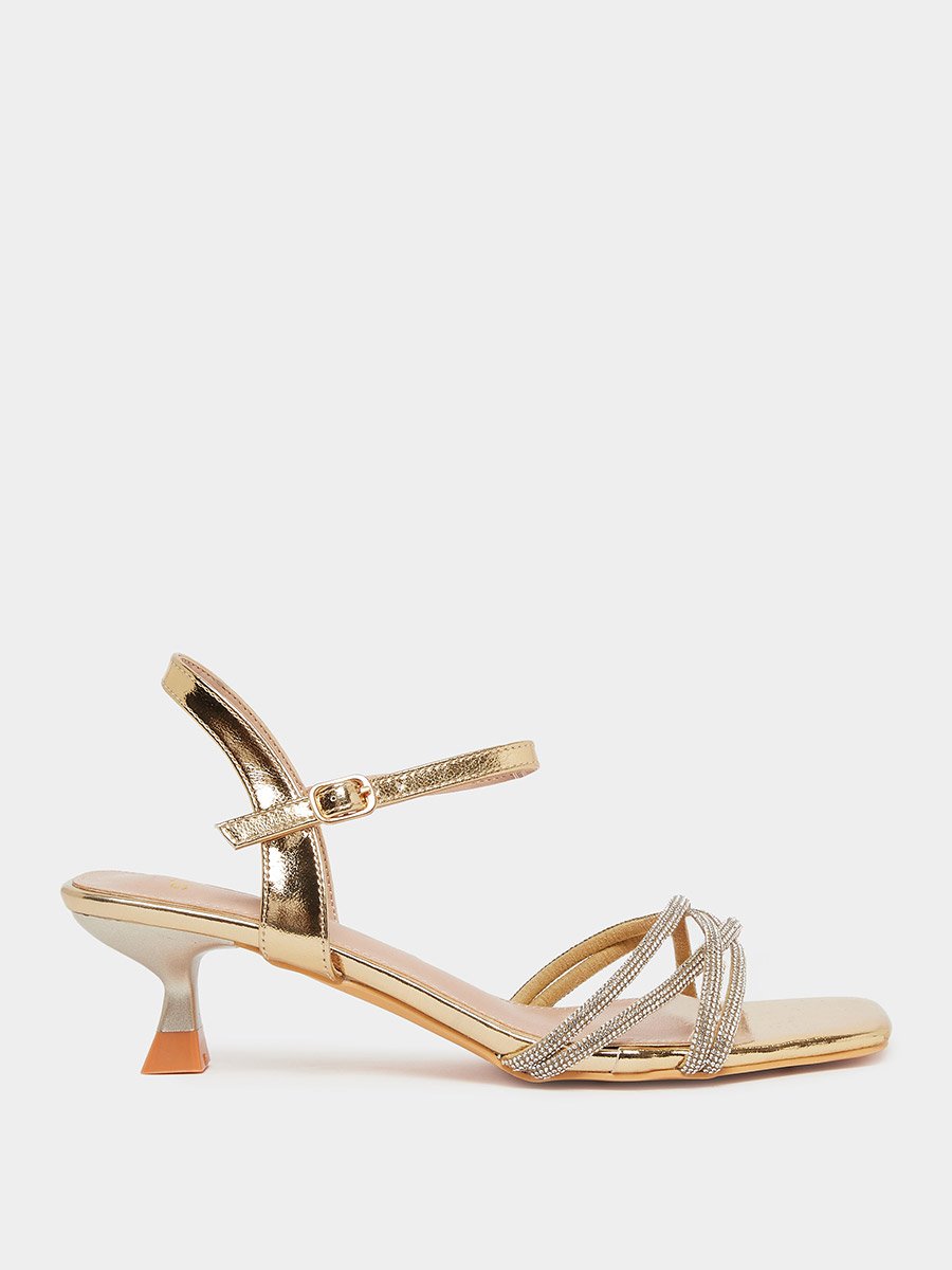 Gold Embellished Strappy Kitten Heel Sandals