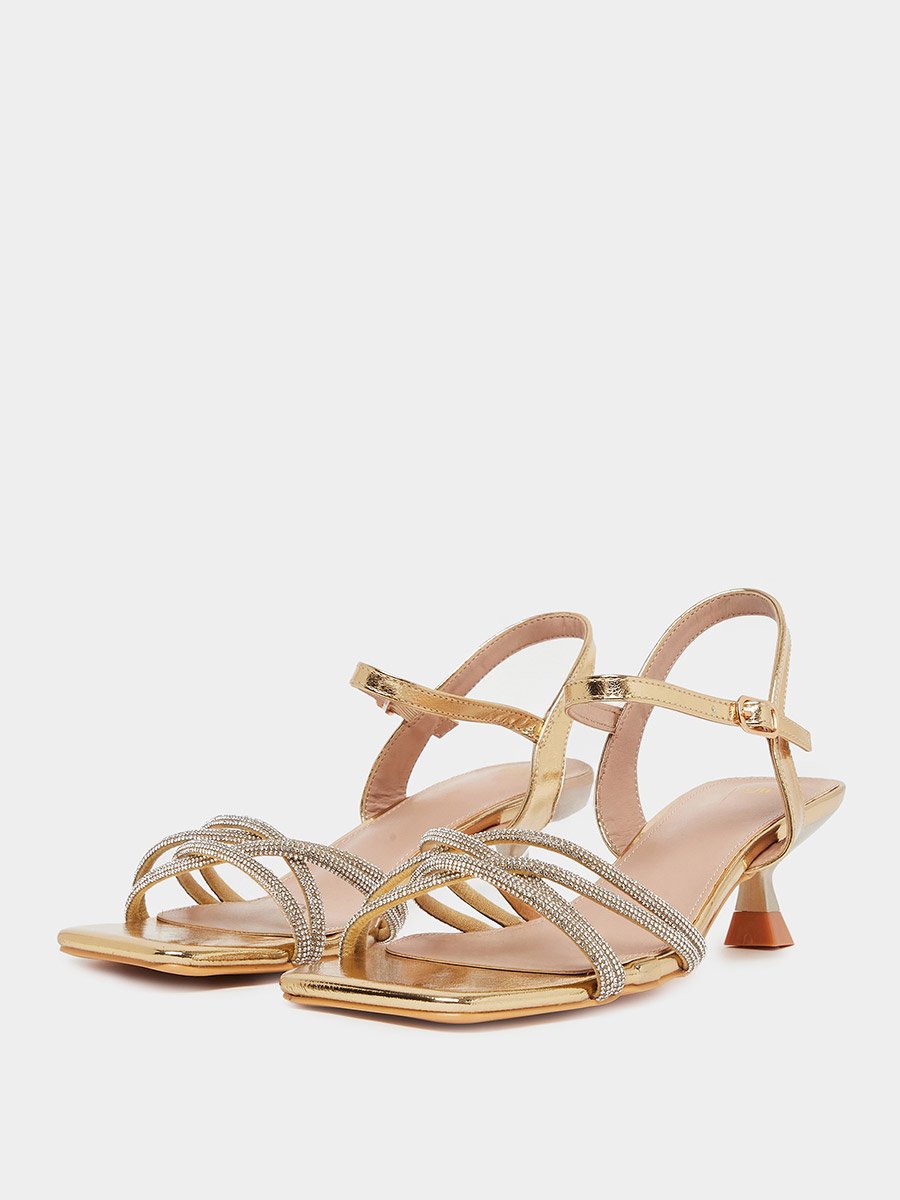Gold Embellished Strappy Kitten Heel Sandals